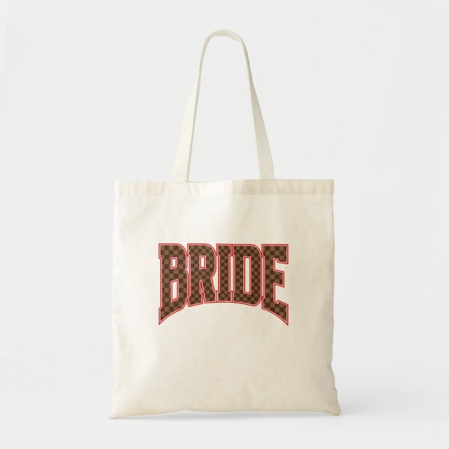 Tote Bag Mariée de luxe rouge + marron à carreaux Varsity (Devant)