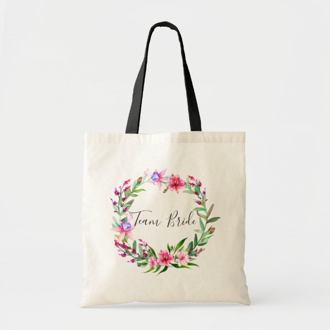 Tote Bag Mariée d'équipe. Mariage à fleurs tropicales aquar (Devant)