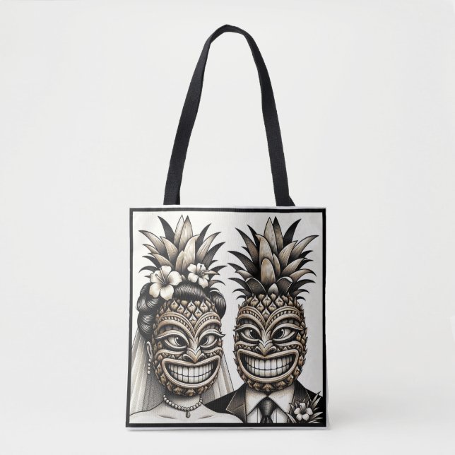 Tote Bag Mariée et marié Tête de Tiki Ananas Aloha Mariage  (Devant)