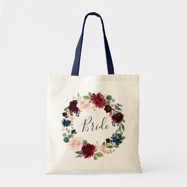 Tote Bag mariée florale bordeaux marine (Devant)
