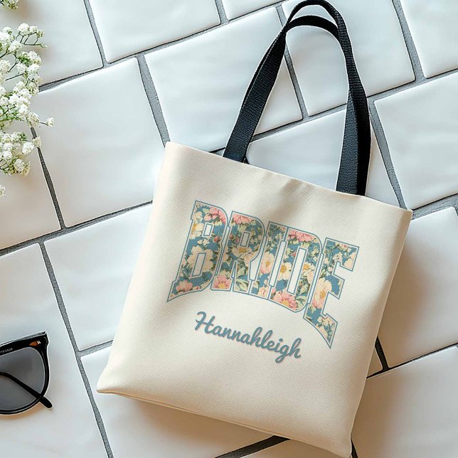 Tote Bag Mariée Lettre d'université Floral Bleu Rétro (BRIDE Skyline Blue Retro Floral Varsity Letters)