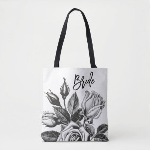 Tote Bag Mariée   Roses de thé vintages en noir et blanc