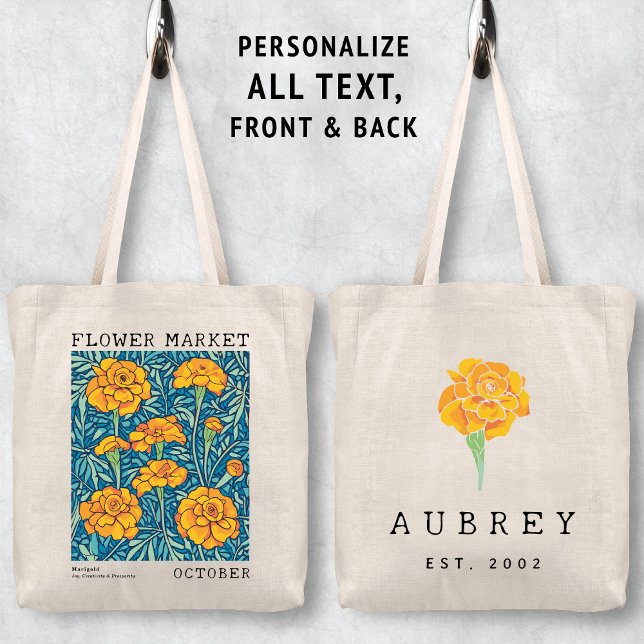 Tote Bag Marigold Floral Octobre Fleur de naissance Nom du  (Personalized October Birth Flower Market Tote Bag, Custom Name Bag, Bachelorette Bridesmaid Gifts )
