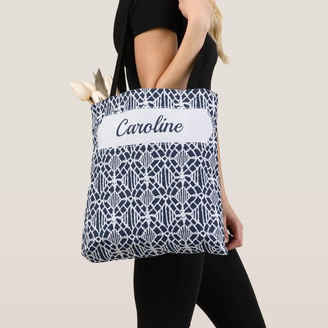 Tote Bag Marine avec Motif de dentelle de Crochet blanc (De près)