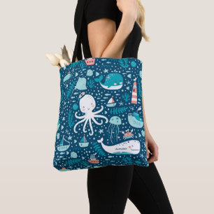 Tote Bag Marine Bleu et blanc Motif de l'océan marin