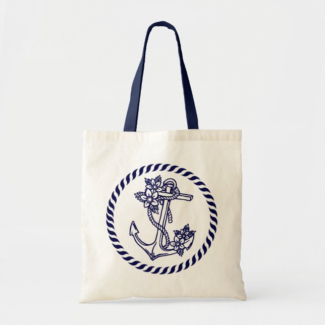 Tote Bag Marine Bleu Floral Ancre Nautique Et Wreath (Devant)
