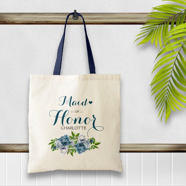 Tote Bag Marine Bleue Floral Maid of Honor (Créateur téléchargé)