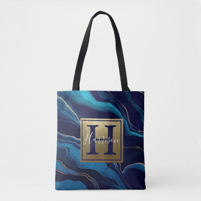 Tote Bag Marine Blue Agate Marbre Gold Nom et Monogramme (Devant)