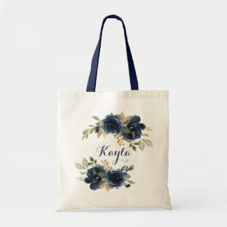 Tote Bag Marine Blue Gold Floral Foliage Vert