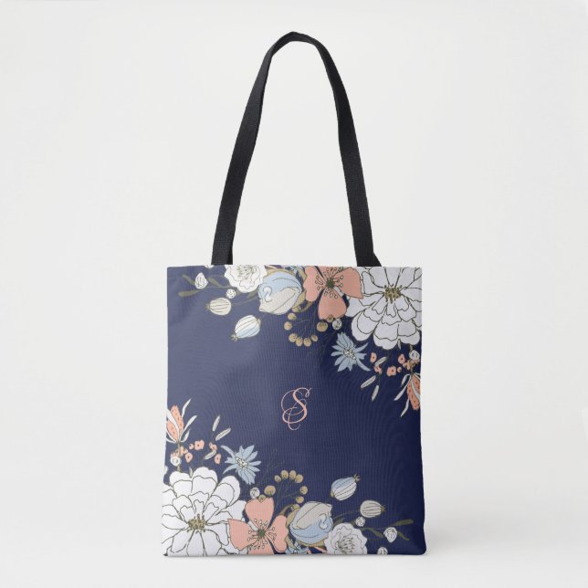 Tote Bag Marine Blush Pink Floral Personnalisé (Devant)
