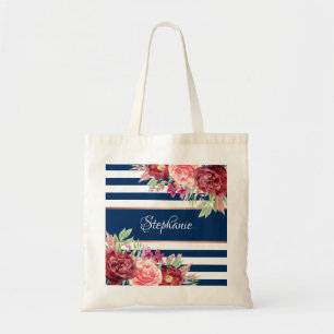 Tote Bag Marine Burgundy Aquarelle Florale Monogrammes rayu