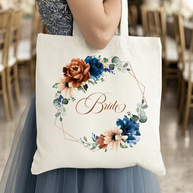 Tote Bag Marine de Terracotta Vert Épouse Mariage géométriq (Terracotta Navy Greenery Geometric Wedding Bride Tote Bag)