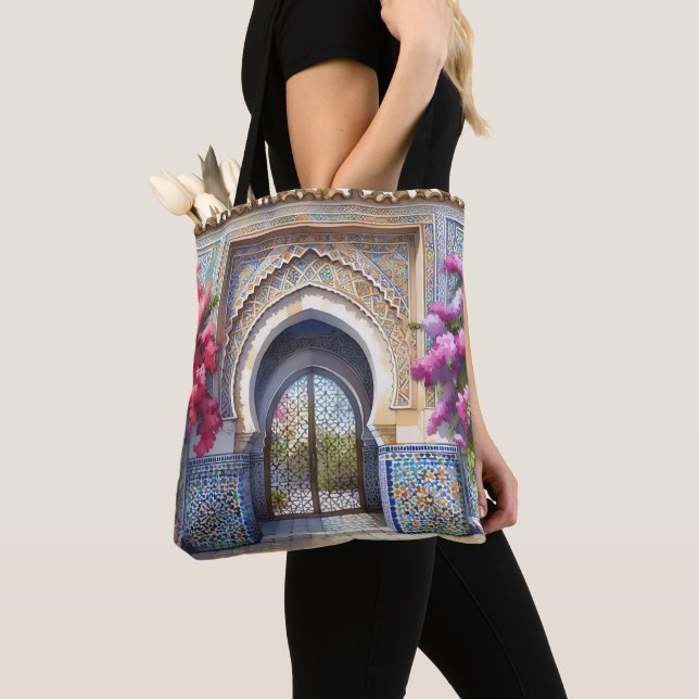 Tote Bag Maroc Carreaux Bleus Arch Art coloré personnalisé (De près)
