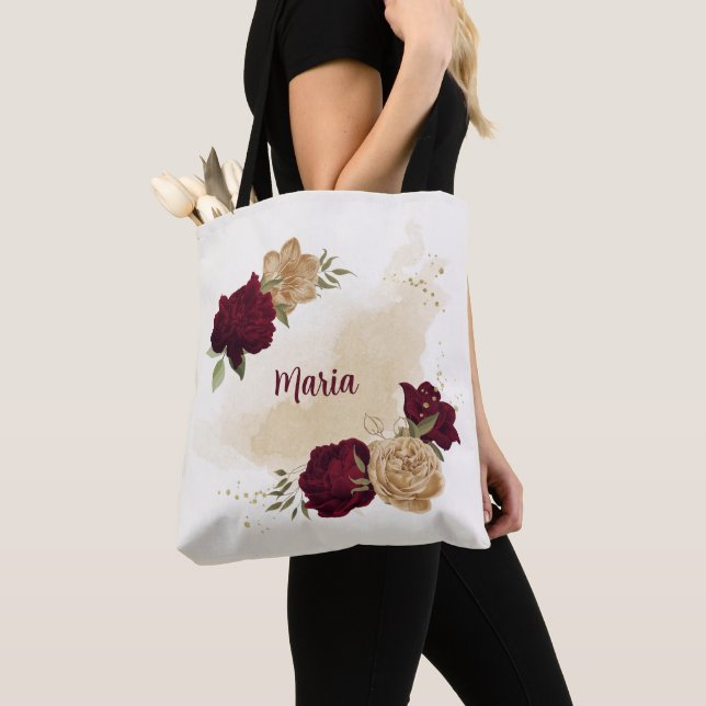 Tote Bag Maroon vert beige or botanique (De près)