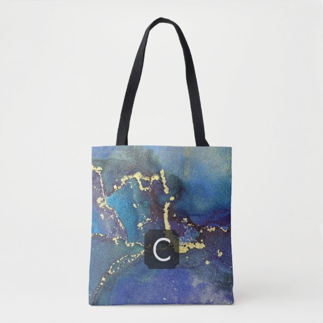Tote Bag Marque-page en liquide violet bleu sarcelle et or (Devant)