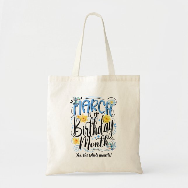 Tote Bag Mars est mon Mois d'anniversaire, Oiseaux et Daffo (Devant)