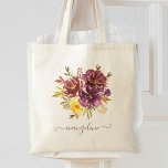 Tote Bag Marsala Bourgogne Aquarelle Floral Personnalisé<br><div class="desc">Magnifique sac fourre-tout personnalisé à l'aquarelle de couleur violet et marron avec votre nom de calligraphie manuscrite personnalisé.</div>