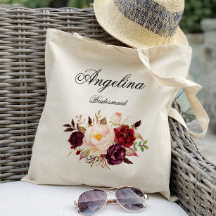 Tote Bag Marsala burgundy floral Bridesmaid Personnalisé