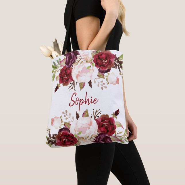 Tote Bag marsala romantique aquarelle fleurs bridesmaid (De près)