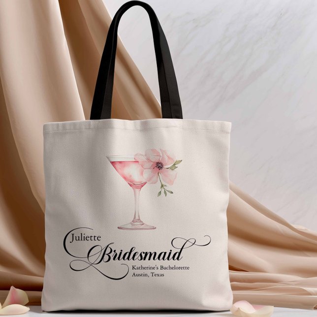 Tote Bag Martini Floral Rose Bridesmaid Bachelorette (Pink Floral Bridesmaid Tote Bag)