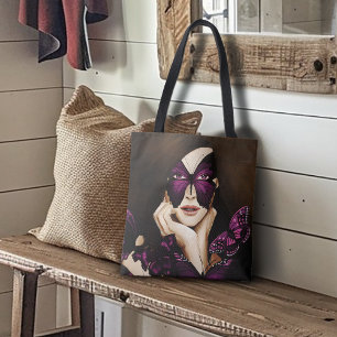 Tote Bag Mascarade Papillon Violet Femme Élégante Fantaisie