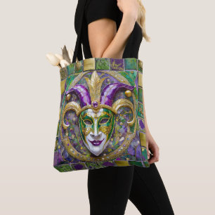 Tote Bag Masque de Jester Mardi Gras Violet Vert Or
