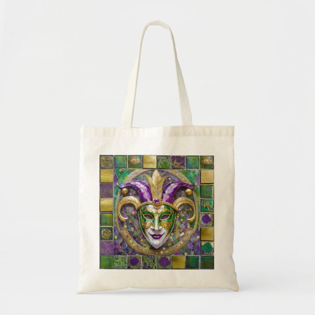 Tote Bag Masque de Jester Mardi Gras Violet Vert Or (Devant)