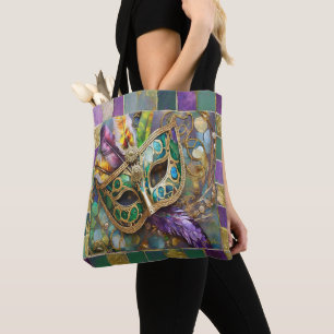 Tote Bag Masque de plumes colorées vert et or de Mardi Gras