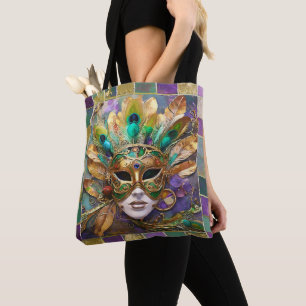Tote Bag Masque de plumes de paon vert et or de Mardi Gras