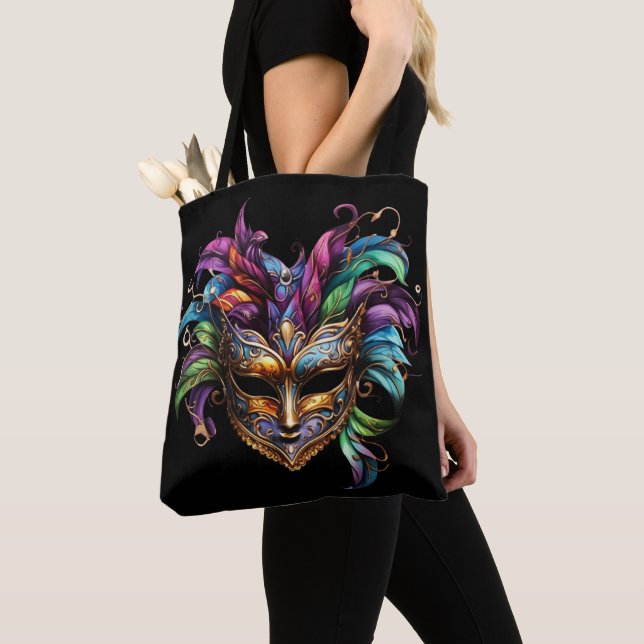 TOTE BAG MASQUE MARDI GRAS LUMINEUX AVEC PLUMES (De près)