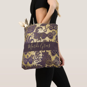 Tote Bag Masques Mardi Gras Gold et Purple Monogrammes