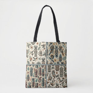 Tote Bag Masques Tiki Tropicaux Vintage et Oiseaux Gris Ver