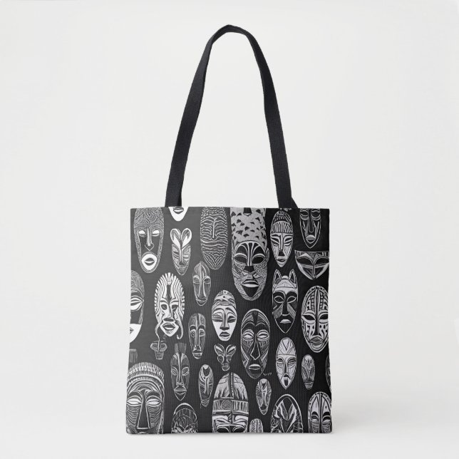 Tote Bag Masques tribaux africains Black White Fourre-tout (Devant)