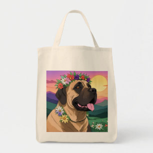 Tote Bag Mastiff dogue anglais avec couronne de fleurs fête