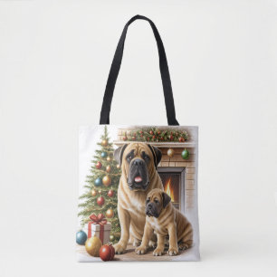 Tote Bag Mastiff Dogue de Bordeaux cheminée Noël