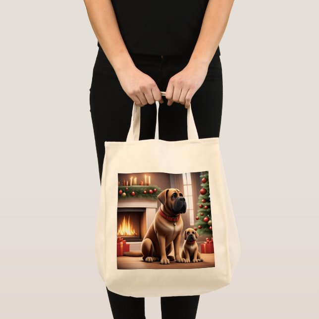 Tote Bag Mastiff Dogue de Noël Cheminée (Devant (produit))