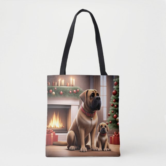 Tote Bag Mastiff Dogue de Noël Cheminée (Devant)