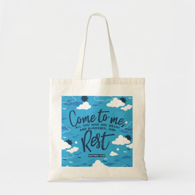 Tote Bag Matthieu 11 Bible Verse et Blue Cloud Sky Motif (Devant)