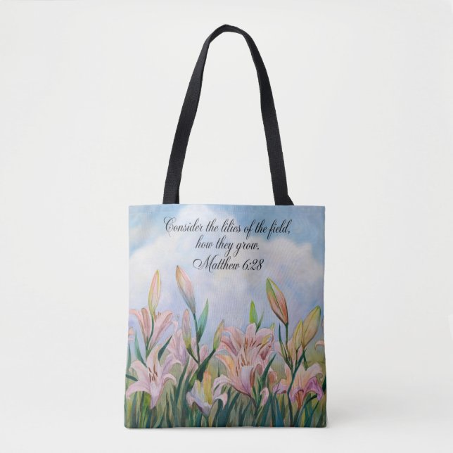 Tote Bag Matthieu 6:28 Aquarelle Lys (Devant)