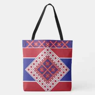 Tote Bag Médaillon d'art populaire letton rouge et bleu géo