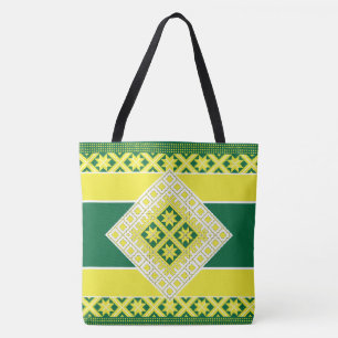 Tote Bag Médaillon géométrique vert jaune d'art populaire l