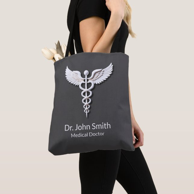 Tote Bag Médicale blanc détaillé Caduceus gris chaud (De près)