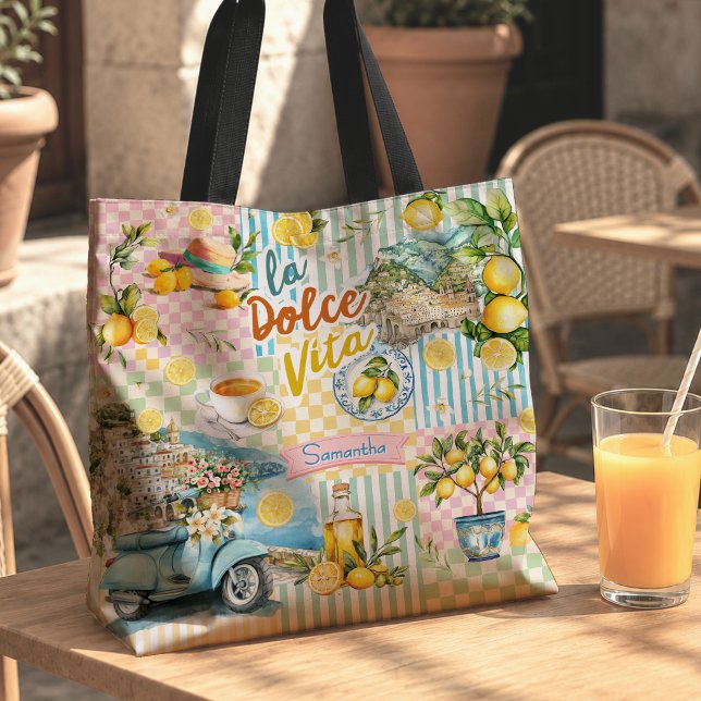 Tote Bag Mediterranean pink Turquoise Citrus Collage (Créateur téléchargé)