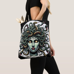 Tote Bag Medusa face verte pleine de serpents