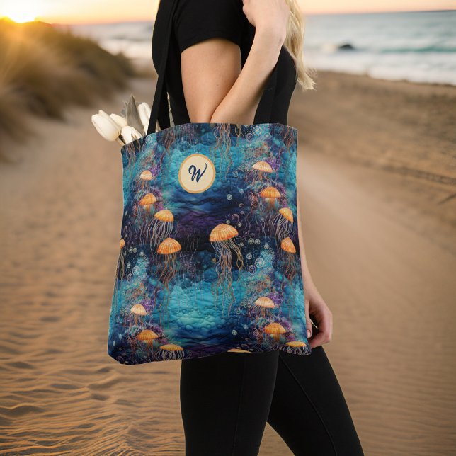 Tote Bag Méduse d'or dans l'océan Turquoise avec Monogramme (Créateur téléchargé)