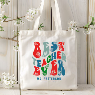 Tote Bag Meilleur Enseignant Jour Moderne Fleur Script Nom