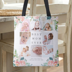 Tote Bag MEILLEUR MOM JAMAIS 8 Collage photo Floral Texte p