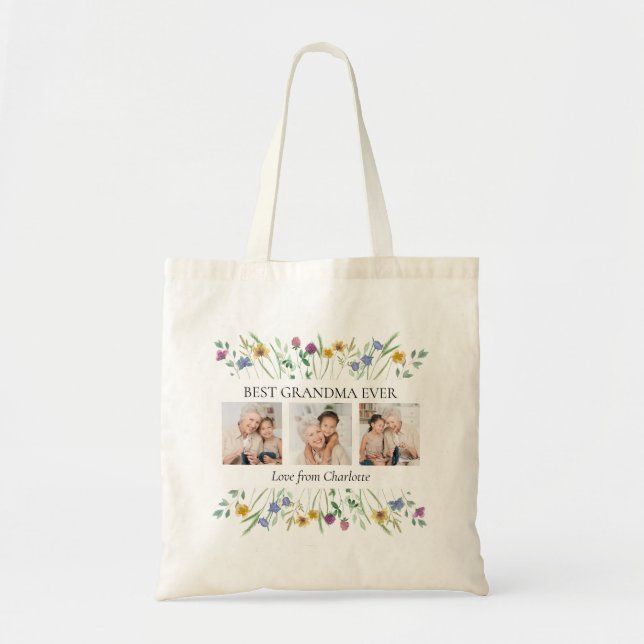 Tote Bag Meilleure Grand-mère Florale Photo (Devant)