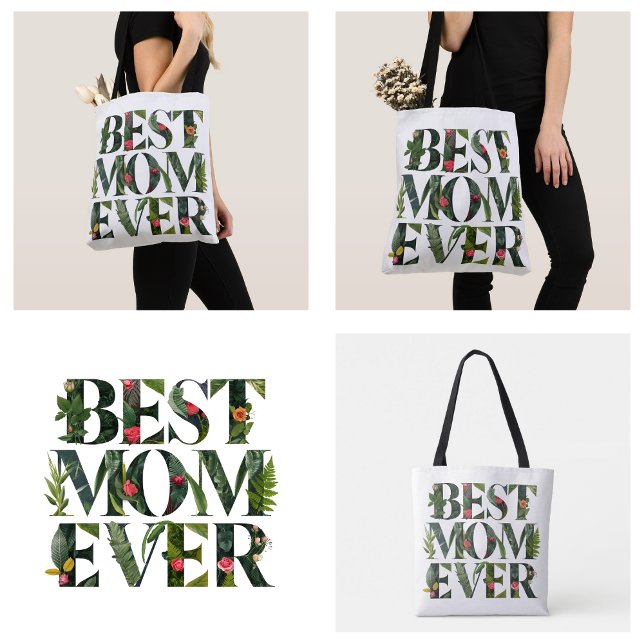 Tote Bag Meilleure Maman De Tous Les Temps Fleurs Mignonnes (Modern Best Mom Ever Cute Flowers And Green Plants Tote Bag)