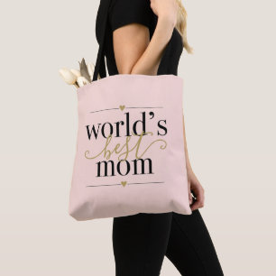 Tote Bag Meilleure Maman du Monde Élégant Rose Pâle et Or S